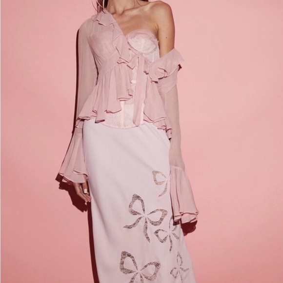 LoveShackFancy Elegant Pink Ruffled skirt cutout bow backed with sheer lace XS
